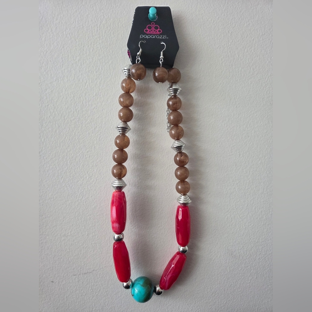 🌹#148 Paparazzi Brown and Red Beaded Necklace with Silver Accents
